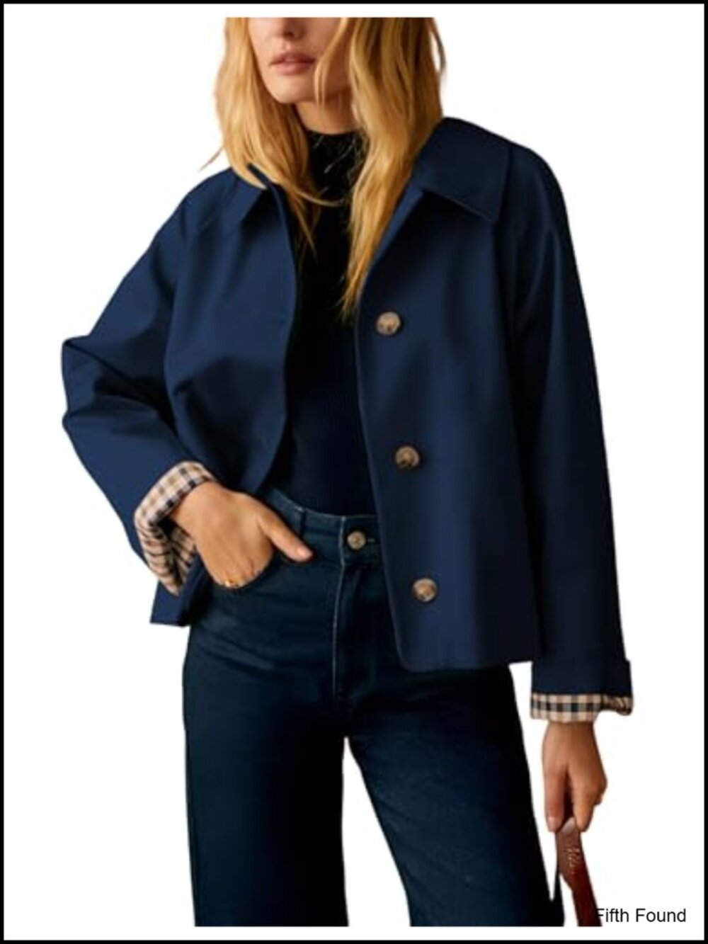 Cropped Trench Jacket Water-Repellent Button Front Plaid Lining Casual